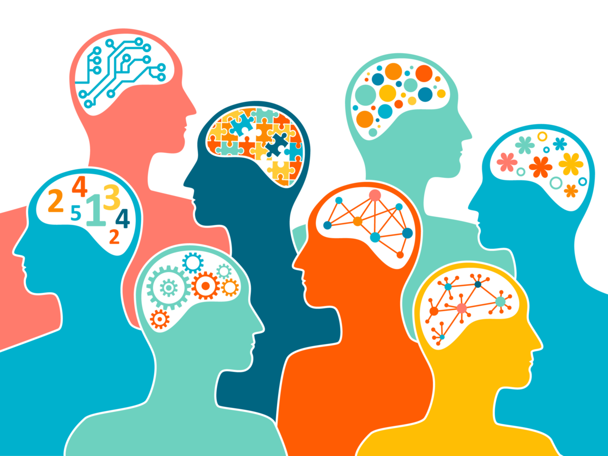 colorful outlines of people in profile with each person's brain showing a different pattern.